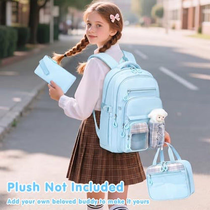 GeeWin Girls Backpack for School with Lunch Box & Pencil Case Set, 17 Inch Stylish Plaid Girls Bookbag with Lots of Pockets for Kids, Teens, Elementary Middle High College School Student (Blue) - color: Blue