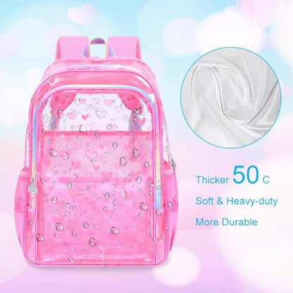 gxtvo 3PCS Girls Clear Backpack Heavy-Duty Set for Women & Teen, 17" Rose Pink Transparent Bookbag with Rainbow Strap, Cute Differentiation Love See Through School Bag - color: Rose Pink Love Clear Backpack Set
