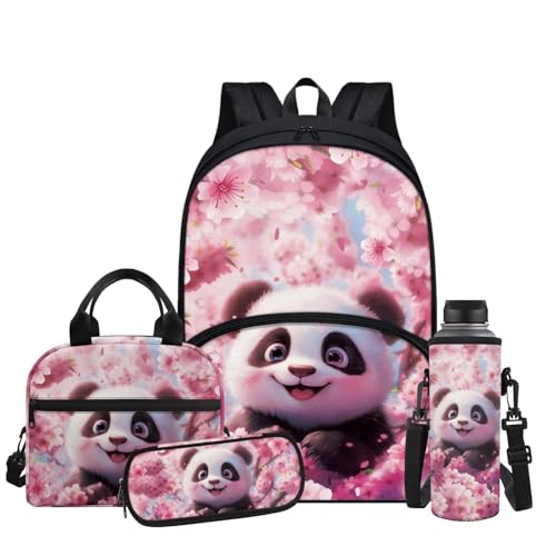 Cherry Blossom Panda Backpack for Girls Kids Backpack with Lunch Box Water Bottle Holder and Big Pencil Case 4Pcs Set 17" Bookbag with Front Pocket for School Lightweight Elementary School Bag - color: Cherry Blossom Panda