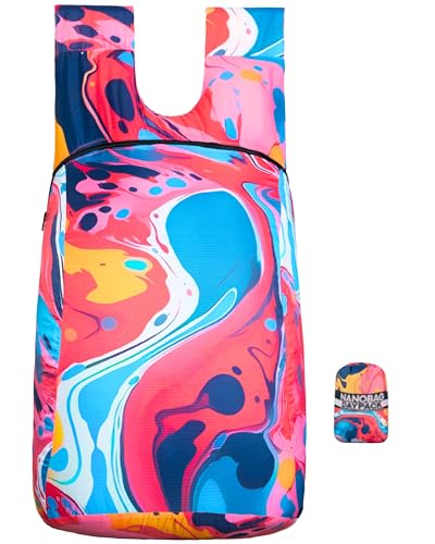 Nanobag Daypack - Ultralight 16L Foldable Travel & Hiking Backpack, Reusable, Packable, Collapsible Bag for Men & Women - color: Splash