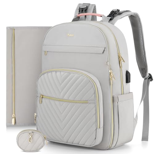 MOMUVO Diaper Bag Backpack, Quilted Baby Bag with Changing Pad and Stroller Straps and Pacifier Case, Multifunction Waterproof Travel Diaper Bags, Unisex, Light Grey and Pink - color: Lgrey Pink