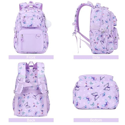 Bevalsa Backpack for Girls 3PCS Teen Girls Backpack for School with Lunch Bag Pencil Case Purple Cute Kids Laptop Backpacks Bookbag for Elementary Middle High School College Student (Butterfly) - color: Purple Butterfly