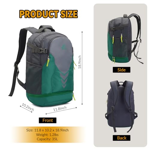 Bseash 35L Basketball Backpack, Large Sports Bag with Separate Ball compartment, for Basketball Soccer Volleyball Hiking Travel - color: Green