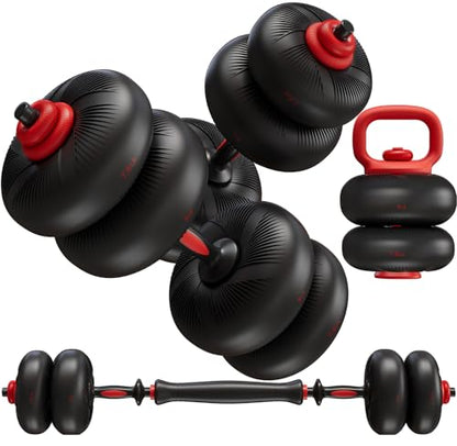 LIFERUN Adjustable Dumbbell Set, Soft PVC Coated, 45lbs/67lbs Free Weight Set Home Gym, 4-in-1 Used As Barbell, Dumbbells, Kettlebell, Weight Plates, Weights Dumbbells Set, Space Saving Fitness Exercise For Men/Women - color: Black, style: 67lb