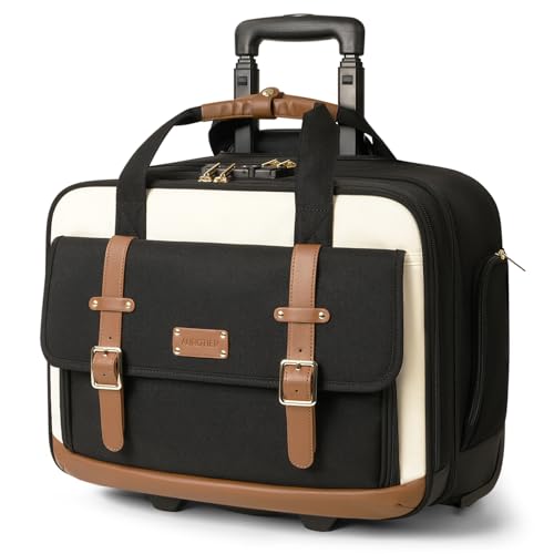 Rolling Laptop Bag for Men and Women, 16 Inch Computer Bag with Wheels Underseat Carry on Luggage, Laptop Briefcase Case for Work, Travel, College Teacher, Mobile Office Bag, Black Beige Brown - color: Black White Brown
