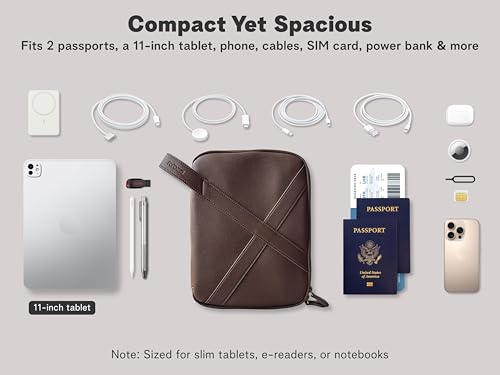 rofozzi Vegan Leather Travel Tech Pouch, Electronics & Cable Case Organizer with Padded 11-Inch Tablet Sleeve and Passport Pockets - color: Espresso
