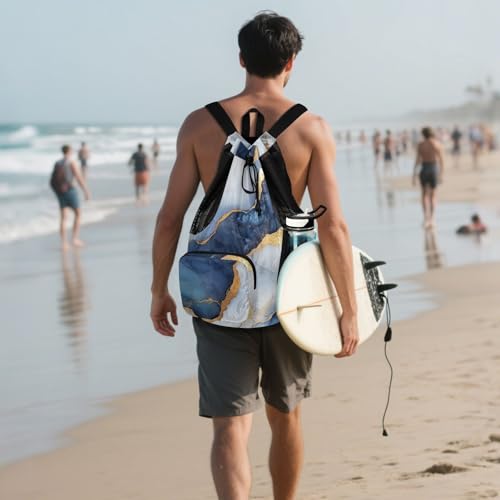 Hiking Drawstring Backpack Gym Swim Bag With Water Bottle Pocket Cinch Back Sack Dry Wet Separation Marble White Navy Blue - color: Color 13