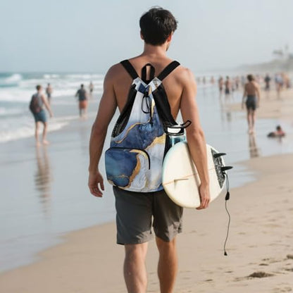 Hiking Drawstring Backpack Gym Swim Bag With Water Bottle Pocket Cinch Back Sack Dry Wet Separation Marble White Navy Blue - color: Color 13