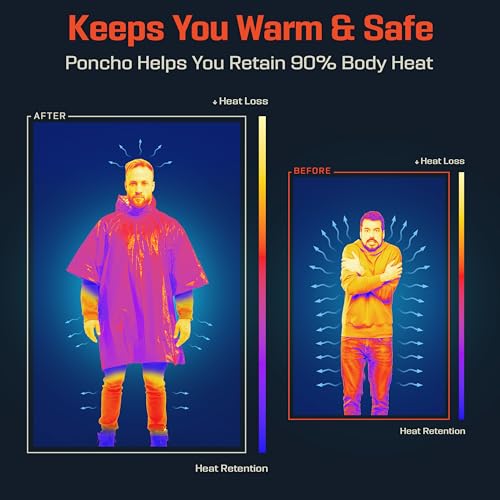 PREPARED4X Emergency Mylar Poncho – Survival Rain Poncho with Hood – Lightweight, Compact, Reusable Emergency Blanket Poncho for Hiking, Camping, Thermal Gear, Car Kit, Outdoors - color: Orange