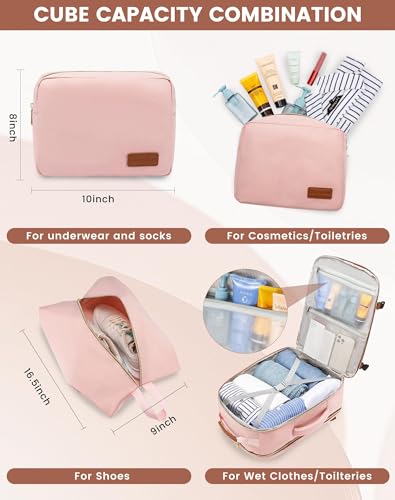 LOVEVOOK 40L Travel Backpack for Women & Men, Airline Approved Carry On Luggage with 3 Packing Cubes, TSA Overnight Bags, Waterproof Personal Item Bag, Weekender Essentials Backpacks fits 17" Laptop - color: Light Grey-beige-pink, size: Large