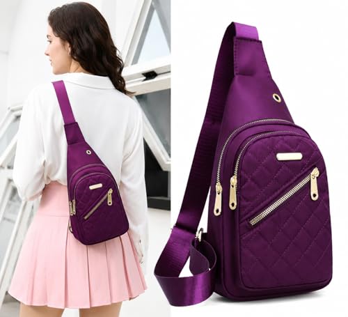 Small Sling Bag for Women and Men, Crossbody Chest Bag with Multiple Zipper Pockets, One Strap Shoulder Backpack for Travel and Daily UsePurple - color: Purple