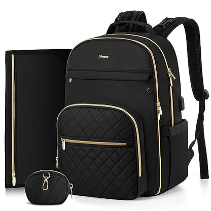 MOMUVO Diaper Bag Backpack, Quilted Baby Bag with Changing Pad and Stroller Straps and Pacifier Case, Large Travel Diaper Bags for Mom Dad,Black - color: Black Check