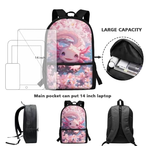 ZDCUSTOM Girls Backpack with Lunch Box, Axolotl School Backpack for 1st Grade, Cute Bookbag for Little Girls Schoolbags with Pencil Case Water Bottle Holder Keychain, Back to School Gifts - color: Cute Axolotl
