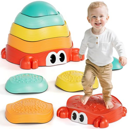 Lehoo Castle Stepping Stones for Kids, Non-Slip Toddler Stepping Stones, Indoor & Outdoor Sensory Toys for Toddlers 1-3, Balance Board Obstacle Course for Kids 3-5 - style: Crab