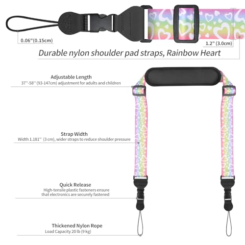FIEIL Universal Shoulder Strap, Neoprene Padded Bag Strap with Double Adjustable Buckles, Comfortable Neck Lanyard for Camera, Cellphone Tablet,iPad, Laptop, Binocular, Luggage Bag(Rainbow Heart) - color: Rainbow Heart