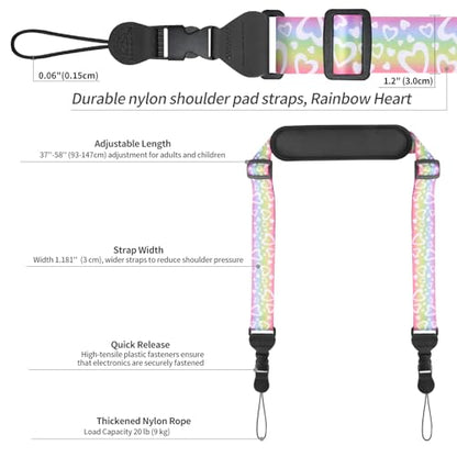 FIEIL Universal Shoulder Strap, Neoprene Padded Bag Strap with Double Adjustable Buckles, Comfortable Neck Lanyard for Camera, Cellphone Tablet,iPad, Laptop, Binocular, Luggage Bag(Rainbow Heart) - color: Rainbow Heart