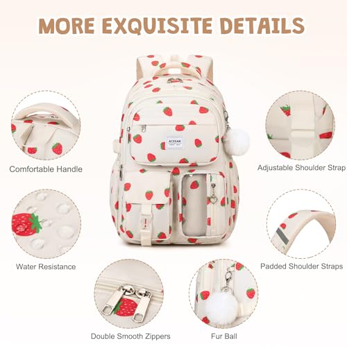 ACESAK Backpack for Girls - Girls Backpack with Lunch Bag & Pencil Pouch for Teen Kids Laptop Backpack for Women, Elementary Middle High School Bookbag Travel Daypack (Beige Strawberry) - color: Beige Strawberry