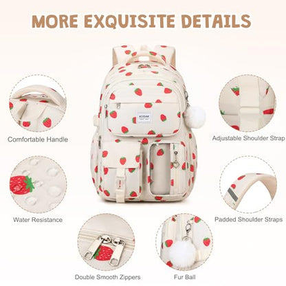 ACESAK Backpack for Girls - Girls Backpack with Lunch Bag & Pencil Pouch for Teen Kids Laptop Backpack for Women, Elementary Middle High School Bookbag Travel Daypack (Beige Strawberry) - color: Beige Strawberry