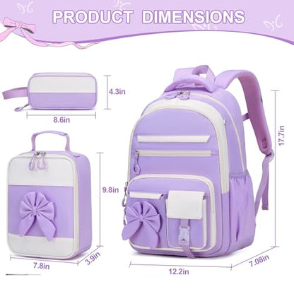 DIGOBAY Backpack for Girls, 3PCS Girls Backpack for School with Lunch Bag Pencil Case, Cute Kids Teens Bookbag for Kindergarten Elementary Preschool Middle School (Purple) - color: Beige-purple
