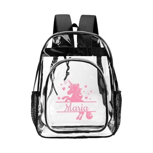 Personalized Girls Clear Backpack for Kids with Name, Custom PVC Through Transparent Backpack with Reinforced Strap for Girls School College Workplace, Back to School Gifts - color: Q-clear Backpack