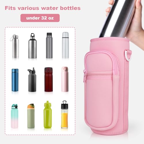 Water Bottle Holder with Strap, Water Bottle Carrier Bag with Phone Pocket, Shoulder Hand Strap Insulated Neoprene 32/40 oz Water Bottle Sleeve for Walking Hiking Camping Gym - color: 4 PINK, size: under 32oz