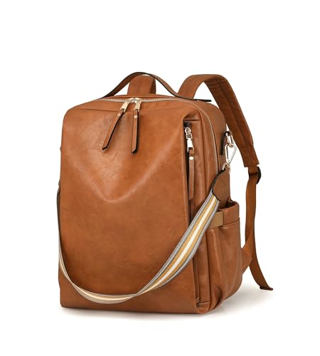 myfriday PU Leather Large Backpack Purse for Women Casual Travel Backpack Convertible Satchel Handbags With Luggage Strap (Brown) - color: Brown