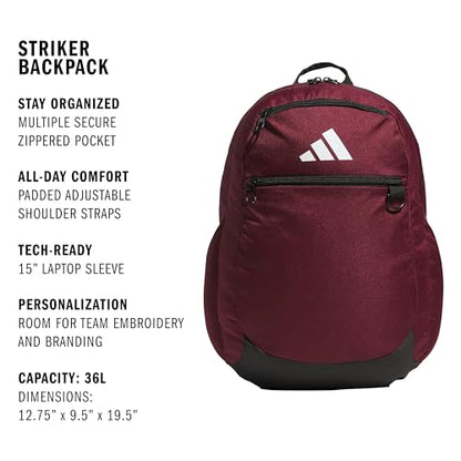 adidas Striker 3 Team Sports Backpack – Daypack for Sports Gym Travel, 36L, Maroon, OSFA - color: Maroon