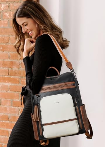 Shrrie Vegan Leather Laptop Backpack for Women 15.6 inch Work Backpack Fashion Travel Backpack Purse for Business College - color: Black With Brown and White