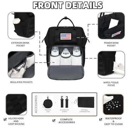ROSEGIN Diaper Bag Backpack for Dad and Men, Large Travel Baby Bag with Changing Pad, Pacifier Case, Removable Flag Patch - Baby Shower Gifts - Shadow Black - color: Shadow Black