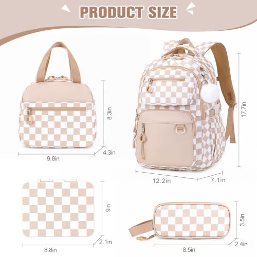 Bevalsa Backpack for Girls, School Bookbag Teen Girls Backpack Set with Bento Lunch Box, Insulated Bag & Pencial Case, 43oz Lunch Containers for Kids Elementary Middle Student (Khaki Checkerboard) - color: Khaki Checkerboard