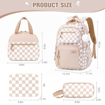 Bevalsa Backpack for Girls, School Bookbag Teen Girls Backpack Set with Bento Lunch Box, Insulated Bag & Pencial Case, 43oz Lunch Containers for Kids Elementary Middle Student (Khaki Checkerboard) - color: Khaki Checkerboard