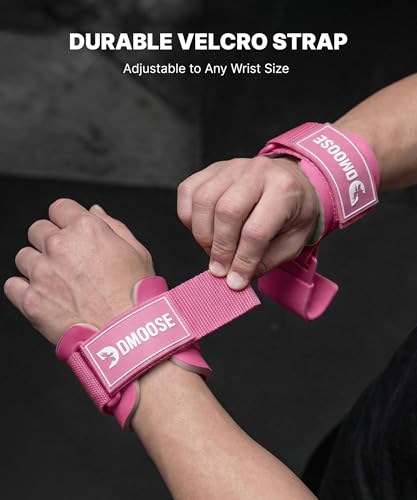 DMoose Fitness Weight Lifting Hooks (Pair) for Deadlifts, Pull Ups, Rows & Shrugs - Anti-Rip Nylon Strap Hand Grips with Thick Wrist Padding - Heavy Duty Wrist Straps for Weightlifting & Gym Workouts - color: All Pink