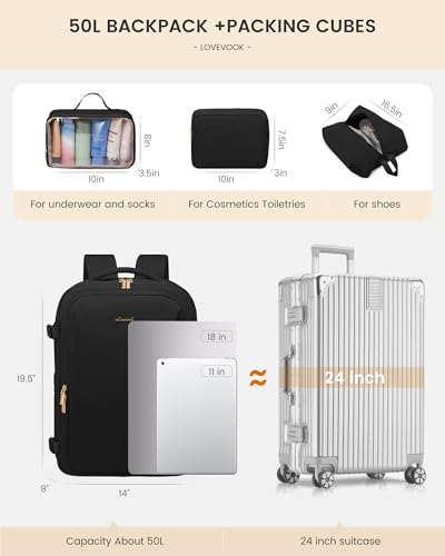 LOVEVOOK Travel Backpack For Women & Men with Waist Strap,50L Waterproof Carry On Backpack Luggage Travel Essentials Flight Approved,TSA Personal ltem Travel Bag Weekender Daypack with 3 Packing Cubes - color: Black With Waist Strap, size: 18 Inch
