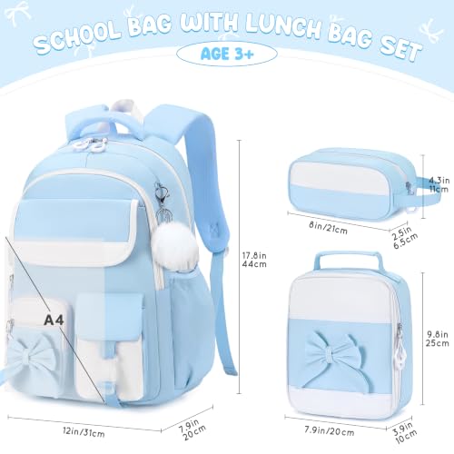 Kids Backpack for Girls, 3PCS School Backpack Set with Insulated Lunch Box & Pencil Case, Waterproof Lightweight Bookbag for Elementary & Middle School, Cute Bow Travel Daypack Blue-Beige - color: Blue-beige
