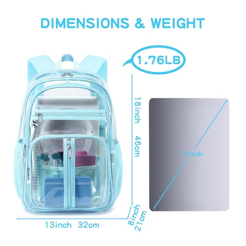 Cusangel XL TPU Clear Backpack Heavy Duty for Stadiums,18in School Bookbag Teens 15Ages+ boys Girls and Adults Multi-Pocket Design & Reinforced Stitching(Aqua-18inch) - color: Aqua-18inch
