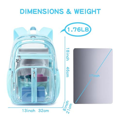 Cusangel XL TPU Clear Backpack Heavy Duty for Stadiums,18in School Bookbag Teens 15Ages+ boys Girls and Adults Multi-Pocket Design & Reinforced Stitching(Aqua-18inch) - color: Aqua-18inch