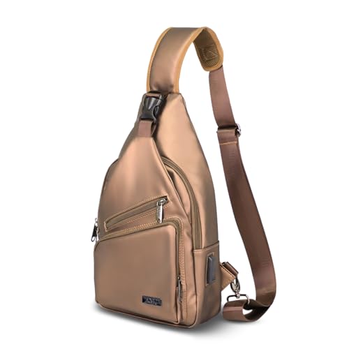 AMJ Crossbody Sling Bag Men Women, Casual Shoulder Backpack, Chest Daypack Satchel for Hiking Travel - color: Leather Brown, size: Small