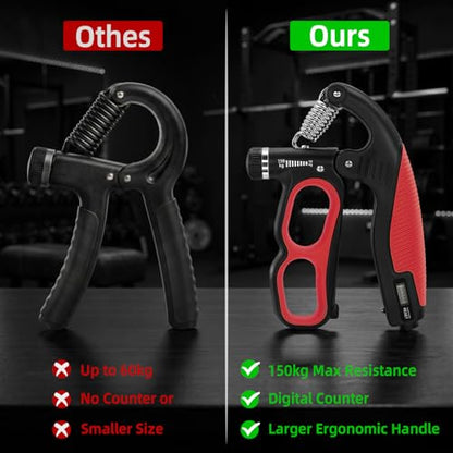 Grip Strength Trainer Adjustable 22-330 lbs with Electronic Counter, Hand Gripper Strengthener, Heavy Duty Forearm Strengthener, Wrist & Finger Exerciser for Grip Strength Training, Red