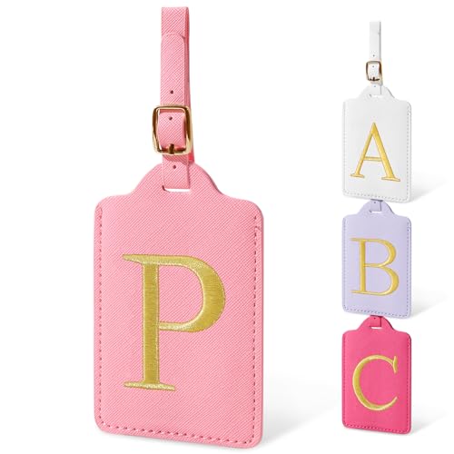 Initial Letter Luggage Tags for Suitcases, Personalized Embroidered Letter Luggage Bag Suitcase Identifier Name Tag, Cute PU Leather Travel Luggage Tags, Bag Tags for Luggage Handbags(Pink P) - color: Pink/Golden-letter, size: P