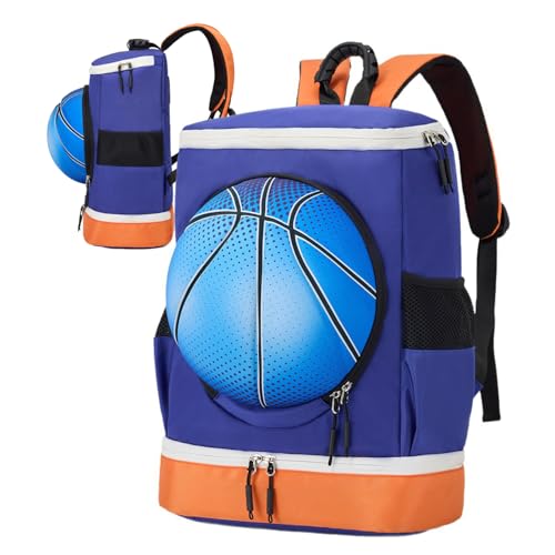Soccer Backpack with Ball Holder on Outside, Football Volleyball Basketball Backpack with Shoe Compartment and Ball Holder - color: Basketball orange blue