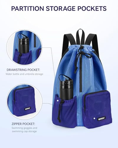 WANDF Swim Bag for Swimmers, Mesh Beach Backpack - color: Blue With 2 Front Pockets, size: Large