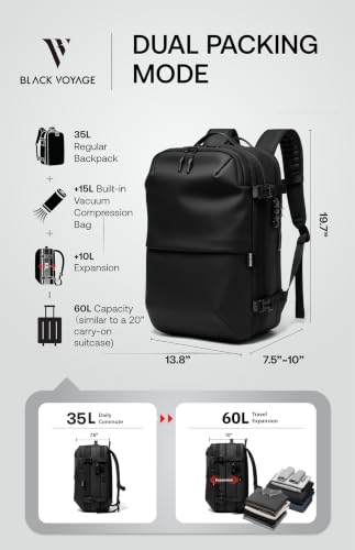 BlackVoyage Vortex Vacuum Seal Travel Backpack 60L Expandable Air Compression System Water Resistant TSA Lock Carry-On - color: Black