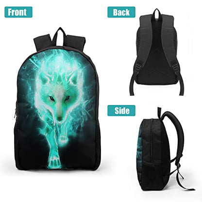 Giwawa Cyan Wolf Backpack 3-Piece Set, Cool Wilderness Animal Pattern Bookbag Lunch Bag Stationery Holder Case for School College Students Daily Essentials Camping Trips Outdoor Travel - color: Cyan Wolf