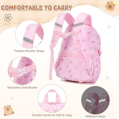 Capybara Theme Backpack for School Girls, 35PCS Kids Backpack Set with School Supplies Stationery Kit Lunch Box Pencil Case, Cute Girls Bookbag for Kindergarten Elementary Student - color: Pink