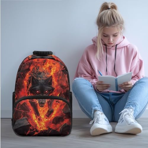 JEOCODY Cool Fire Wolf Kids Boobag Boys Girls Backpack with Lunch Box and Pencil Case Water Bottle Holder 4 PCS Accessories for Teens Back to School Supplies - color: Cool Fire Wolf Patterns