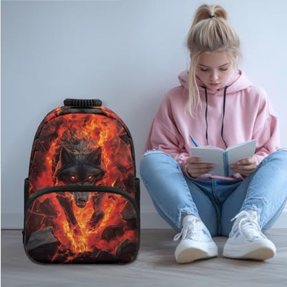 JEOCODY Cool Fire Wolf Kids Boobag Boys Girls Backpack with Lunch Box and Pencil Case Water Bottle Holder 4 PCS Accessories for Teens Back to School Supplies - color: Cool Fire Wolf Patterns