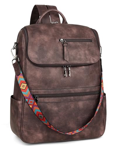 FADEON Laptop Backpack for Women Leather Travel Backpack with Laptop Compartment, Designer Ladies Computer Backpacks Coffee - color: Coffee Brown Retro Style