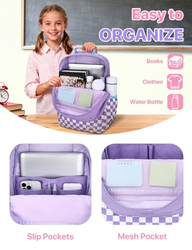 VASCHY School Backpack, Lightweight Classic Cute Aesthetic Bookbag Daypack for Teen Girls Traveling/Gym/Middle School Black Lavender Plaid - color: Lavender Plaid-l, size: Large-17in