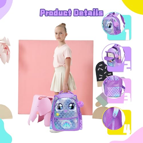 Backpacks for Girls School Bag Cute Girls Backpacks Ages 8-10 with Lunch Box Kids Bookbag Set Travel Backpack for Preschool Kindergarten Elementary Students Backpack to School Supplies - color: Mermaid
