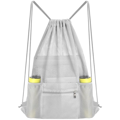 NATURAL STYLE Mesh Drawstring Backpack Bag, Gym Sports Bag with Zipper Pocket Bottle Holder, String Beach Bag for Swiming Travel (Grey) - color: Grey